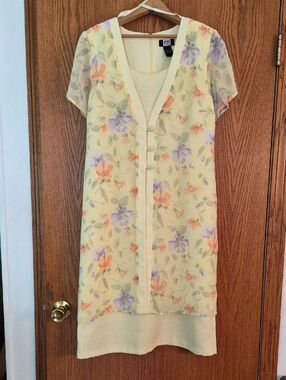 Studio 1940 Yellow Linen Dress with Semi-Sheer Floral "Crinkled" Overlay Sz 12